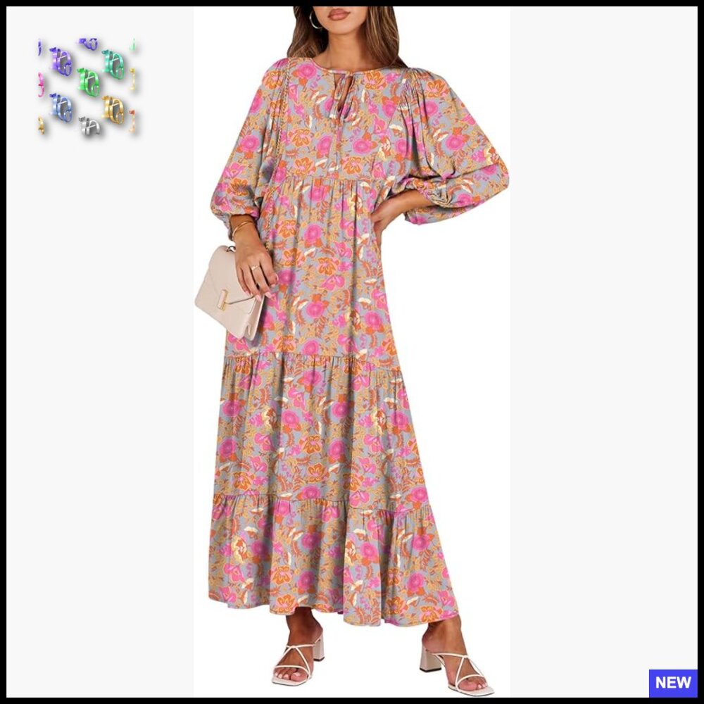 Boho Maxi Dress Puff Sleeve Flowy Swing Casual Elegant Summer Floral